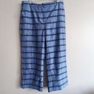 J.Crew Collection Blue Plaid Silk Wide Leg Cropped Pants Size 14 Preppy